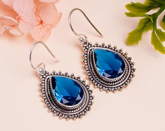 Blue Sapphire Pear Drop Earrings: Oxidized Sterling Silver
