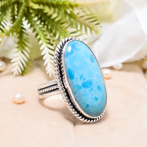 Adjustable Larimar Ring: Oxidized Sterling Silver, Blue Gemstone