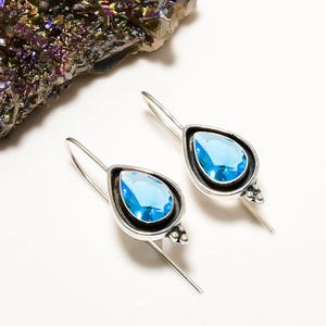 Blue Topaz Sterling Silver Earrings: Handmade Pear Gemstone Drop