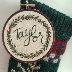 Embroidered Christmas ornament; Christmas decor; Custom ornament; Embroidered name ornament; Hoop art ornament; Holly berry ornament
