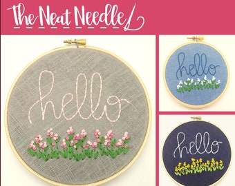 Hello digital hand embroidery pattern; Beginner embroidery; Floral embroidery pattern; Welcome sign embroidery; DIY embroidery hoop;  PDF