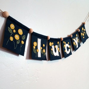 Embroidered felt name banner; Embroidered name; Baby shower gift; Custom baby gift; Baby name banner; Floral banner; Felt banner;