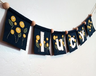 Embroidered felt name banner; Embroidered name; Baby shower gift; Custom baby gift; Baby name banner; Floral banner; Felt banner;