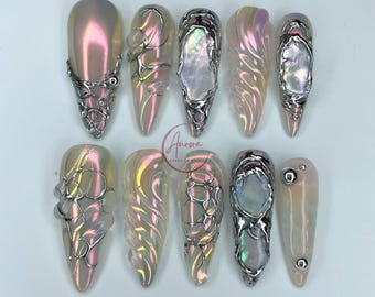Liquid Chrome Frame" Holographic Iridescent Stiletto Nails