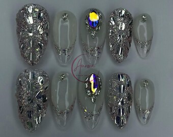 Christmas French Glass Crystal Press On Nails – Clear Icy Hologram Rhinestone Set