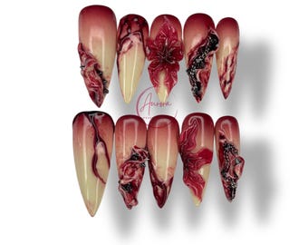 Dark Bloom Press On Nails – Red Ombre Long Stiletto with 3D Gothic Flowers