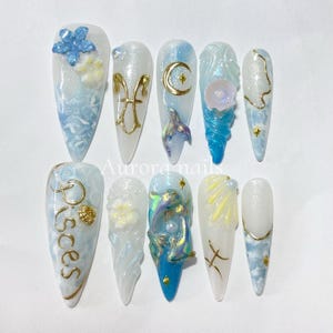 Pisces Ocean Bloom Press-On Nails | Long Almond Shape | 3D Flowers, Shells & Dual Fish Design
