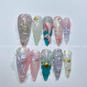 Aurora Jelly Glow | Long Almond Press On Nails with Iridescent Jellyfish, Pastel Ocean Vibes & Summer Sparkle