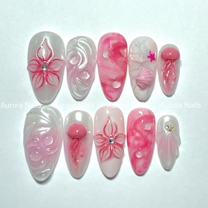 Sea Blossom | Medium Almond Shape A dreamy ocean set featuring floral 3D designs |jellyfish |perfect for beach days| summer holidays.