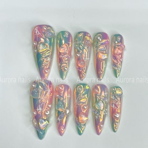Irisierende Presse auf den Nägeln - Regenbogen Perle 3D Kunst | Lange Stiletto Luxus Nagel Set | Wiederverwendbares DIY Maniküre Geschenk