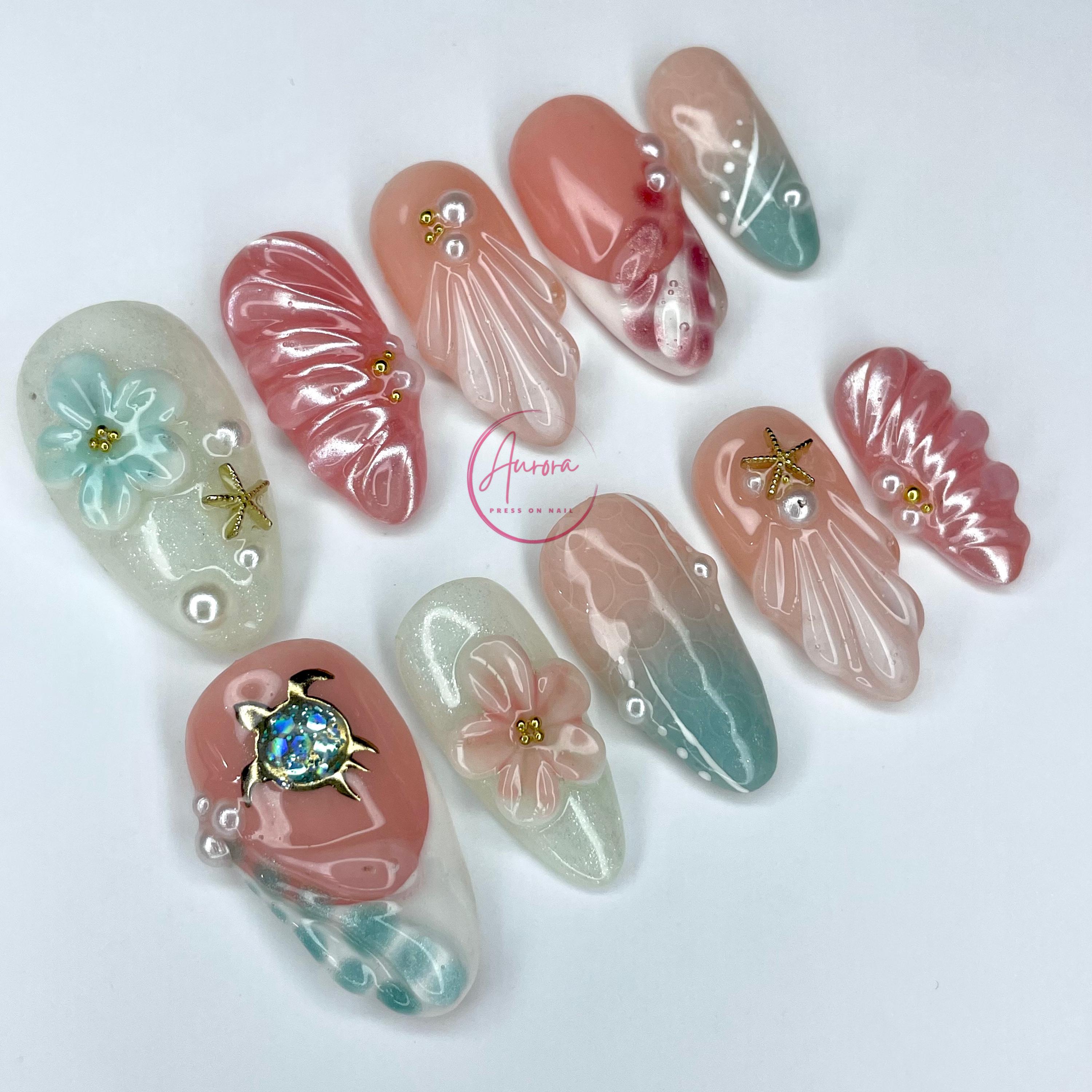 No45.ネイル3Dパーツ☆パールシェル☆貝殻 3D 貝殻プレスオンネイル：オーシャンパラダイス、パール＆フラワー