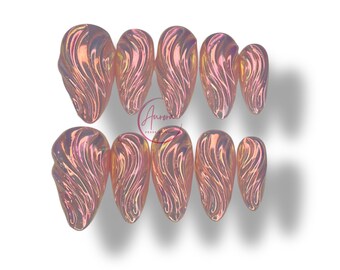 Aurora Glow Press On Nails – 3D Swirl Iridescent Chrome Effect, Medium Almond Shape