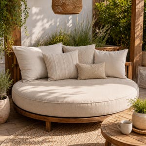 Peut inclure: Un lit de repos extérieur rond avec un cadre en bois et un coussin crème. Plusieurs coussins crème et beiges de différentes textures et tailles sont disposés sur le lit de repos. Une petite table en bois et une suspension tressée sont également visibles.