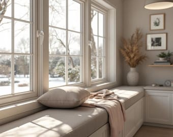 Può includere: Una panca da finestra integrata con un cuscino beige, un cuscino abbinato e una coperta rosa chiaro drappeggiata. Il sedile è posizionato sotto tre grandi finestre con telai bianchi, affacciate su un paesaggio esterno innevato con alberi.