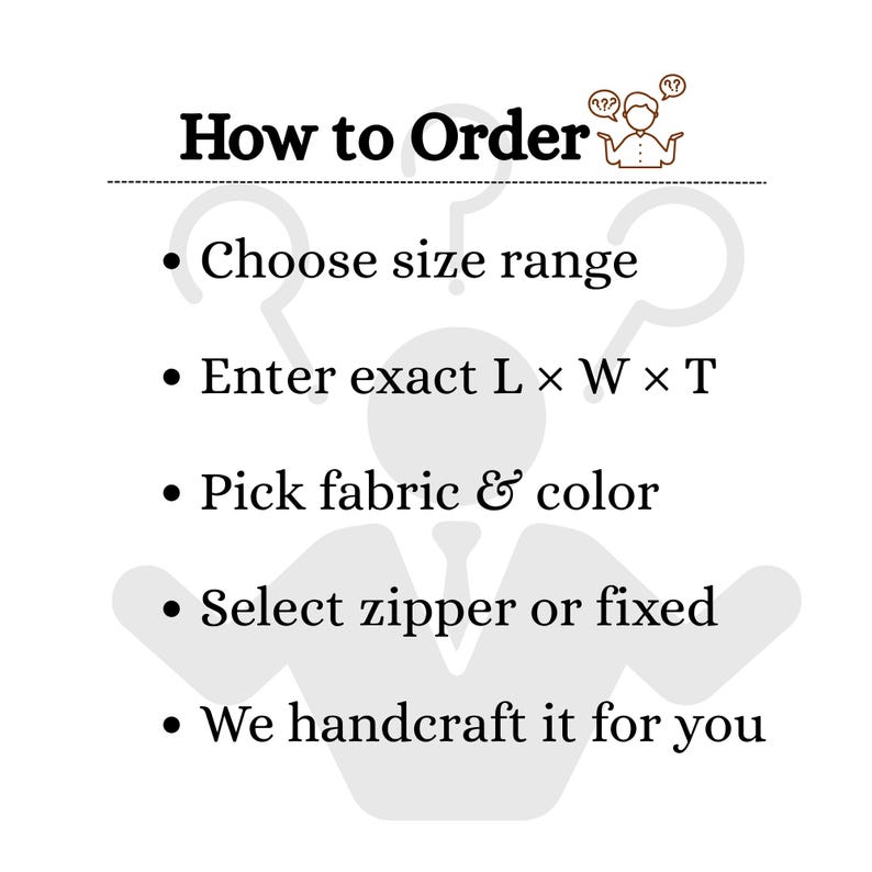 Op de afbeelding: Witte afbeelding met de tekst "How to Order" en opsommingstekens: Kies de maat, Voer exacte L x B x T in, Kies stof & kleur, Selecteer rits of vast, en Wij maken het voor u.