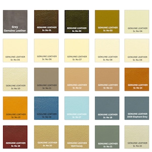 Op de afbeelding: Een kleurenkaart met 22 stalen van echt leer in verschillende tinten. De kleuren vari&euml;ren van grijs en bruin tot blauw en geel, elk gemarkeerd met een uniek nummer en de tekst "Genuine Leather".