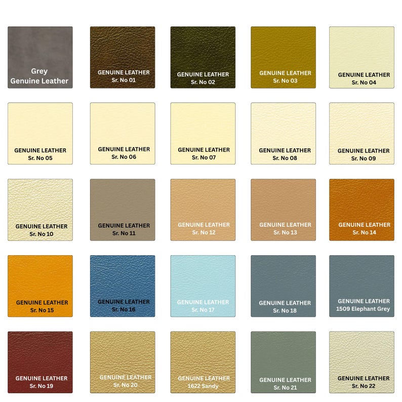 Op de afbeelding: Een kleurenkaart met 22 stalen van echt leer in verschillende tinten. De kleuren vari&euml;ren van grijs en bruin tot blauw en geel, elk gemarkeerd met een uniek nummer en de tekst "Genuine Leather".