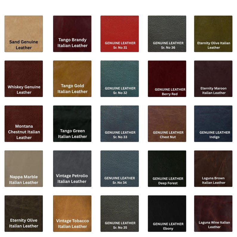 Op de afbeelding: Een verzameling leren stalen in verschillende kleuren, waaronder zand, bordeauxrood, rood en olijfgroen. Elk staal is gelabeld met het leertype en de kleurnaam, zoals "Tango Brandy Italian Leather" en "Whiskey Genuine Leather".