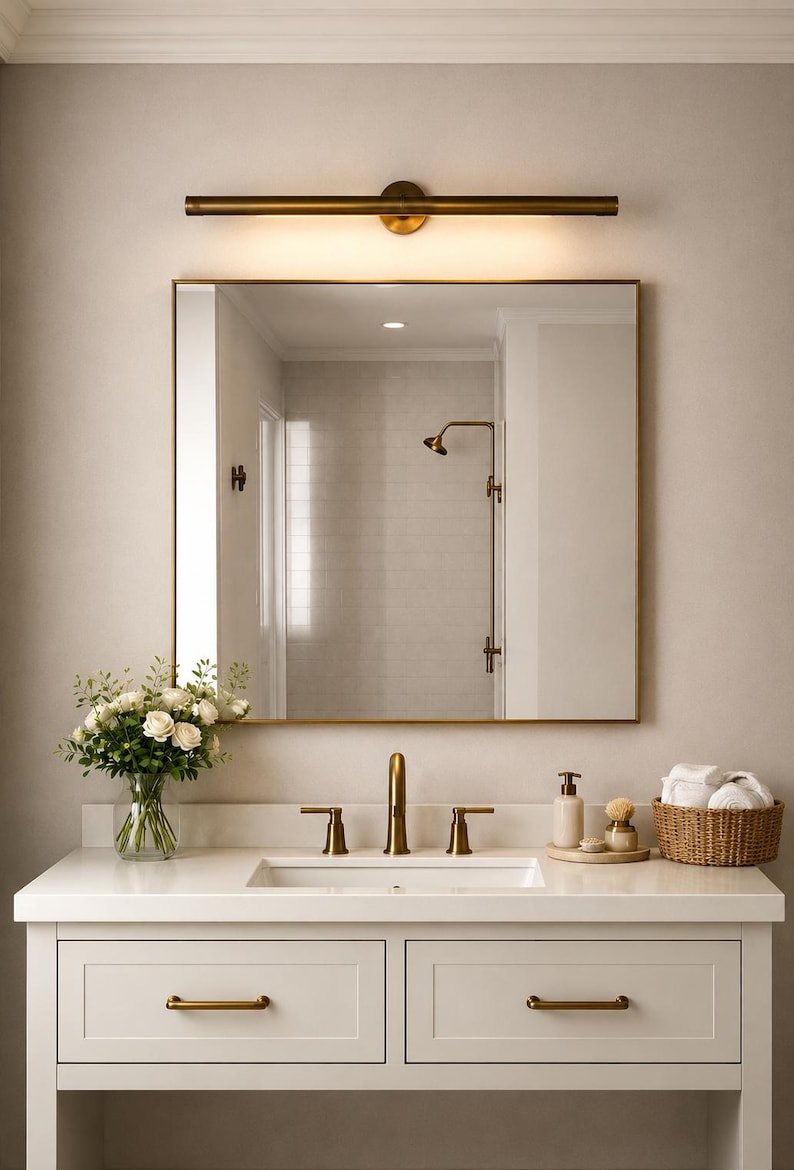 May include: A bathroom vanity featuring a white countertop, a rectangular sink, and a brass faucet. Above the sink is a square mirror with a brass frame and a horizontal brass light fixture. A vase of white roses and a woven basket are present.