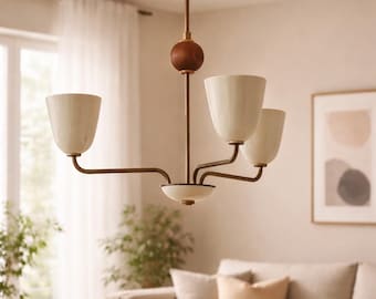 Mid-Century Modern Messing Kronleuchter | Mid Century Holzkugel 3 Arme Italienischer Moderner Deckenanhänger | Stilnovo Messing Deckenleuchte