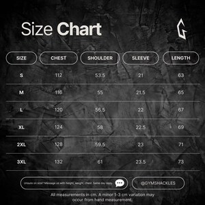 May include: Black and white size chart with measurements in centimeters for chest, shoulder, sleeve, and length. Sizes range from S to 3XL. Includes the text "Size Chart" and the brand's logo.