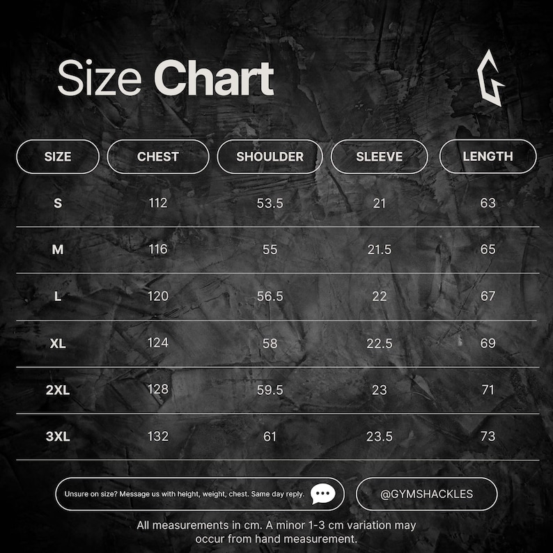 May include: Black and white size chart with measurements in centimeters for chest, shoulder, sleeve, and length. Sizes range from S to 3XL. Includes the text "Size Chart" and the brand's logo.