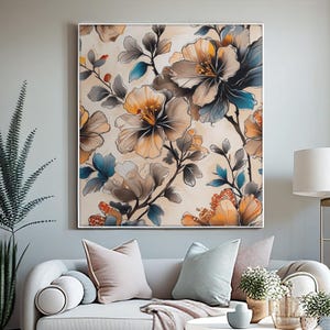 Japandi Floral Wall Art: Beige & Teal Botanical Print (Digital Download