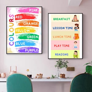 May include: Two framed educational posters. One displays the word "COLOURS" vertically with color names: pink, red, orange, yellow, green, blue, and purple. The other poster shows a daily schedule with illustrations for breakfast, lesson time, lunch time, play time, and reading.