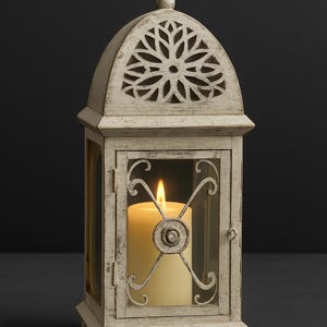 Vintage Lantern Candle Holder – Rustic Metal Lantern with Glass Panels and Carved Top – Farmhouse Decor – Antique-Style Candle Lantern