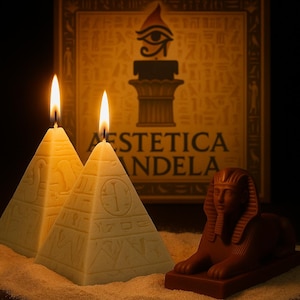Egyptian Pyramid Candle Set – 2 Hand-Poured Soy Wax Hieroglyphic Pyramids + Decorative Sand – Aestetica Candela