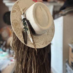Cream Vegan Suede pork pie hat , painted hat, burned hat with flowers and feathers