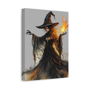Inferno Witch Canvas Art: Fire Magic Spellcaster, Gothic Wall Decor