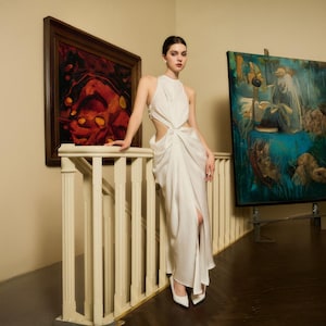 Silk Open Back Long Backless Dress White Silk Wedding Dress Open Waist Dress Elegant Modern Bride Dress