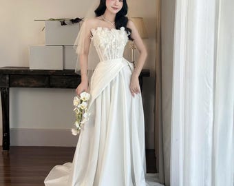 Strapless A-Line 3D Flower Wedding Dress Satin Elegant Princess Bridal Dress Elegant