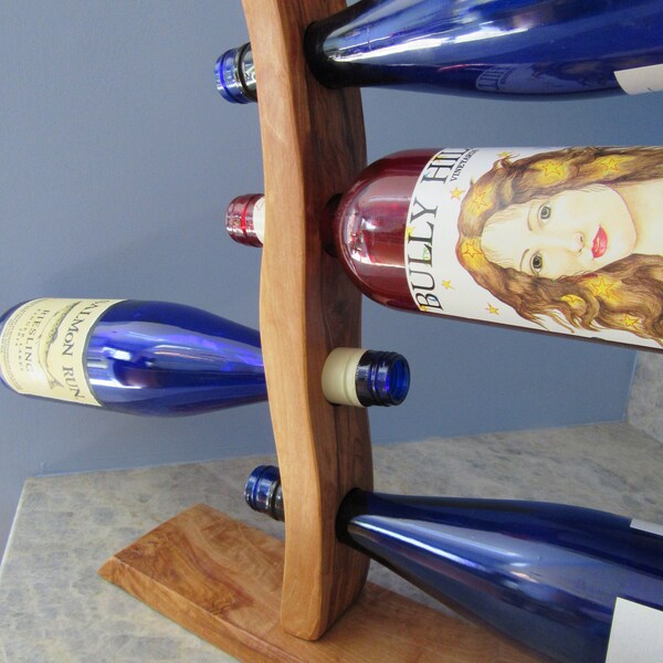 Olive Wood 4 Bottle Handmade Wine or Beer Bottle Holder or Display for Decorative Bottle Stoppers Wine Storage Bar Ware