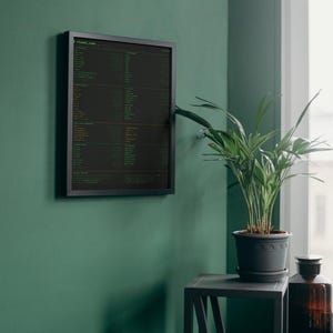 May include: A rectangular black-framed wall art piece featuring a dark background with green computer code text. The display shows multiple columns of programming syntax, including the text "claude_code" at the top left corner of the print.
