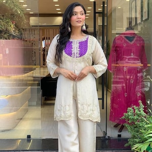 Embroidered Chinon Co-ord Set | Elegant Kurti Pant Set for Women | Festive Indian Outfit | Ready to Wear Ethnic Cord Set