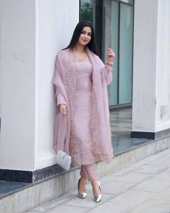 Embroidered Teby Silk Kurta Pant Dupatta Set - Indian Wedding Salwar Suit