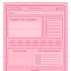 Puede incluir: Una interfaz digital rosa con el texto "finalprep" en la parte superior. La interfaz está dividida en secciones etiquetadas como "topics to review", "resources", "self assessment" y "notes". El diseño es pixelado, lo que le da una estética retro.