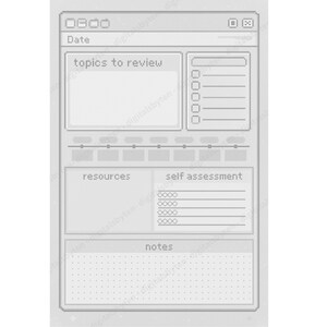 Puede incluir: Una interfaz de planificador digital en escala de grises con secciones para la fecha, temas a revisar, recursos, autoevaluación y notas. La interfaz tiene una estética pixelada, con casillas de verificación y líneas punteadas.