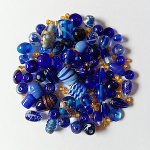 Mixed Glass Beads: 60g Midnight Blue Lampwork and Assorted Glass Beads with Complementary Jewellery Findings for Jewellery Making Crafts