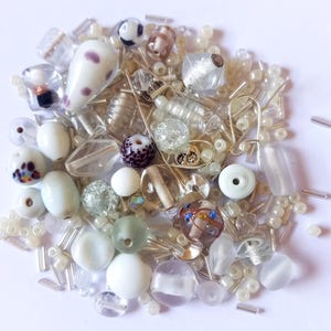 Mixed Glass Beads: 60g White and Clear Lampwork, Czech and Assorted Beads with Silver Plated Charms Findings for Jewellery Making Crafts