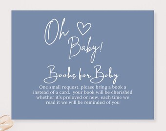 Oh baby books for baby card, blue baby shower printable books request card, editable baby shower books for baby insert