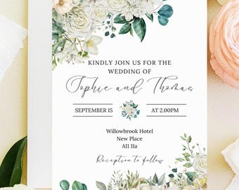 Champagne flower wedding invitation template, Editable printable white flower template invite, elegant floral wedding evite