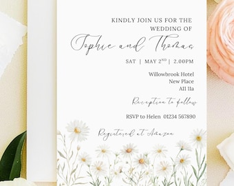 Daisy floral wedding invitation template, Editable printable white wildflower template invite, floral wedding evite (PDF Download 5x7")