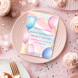 Pastel Balloon Birthday Invitation: Girls Party Template (PDF Downloadable Canva Template 5x7 inches )