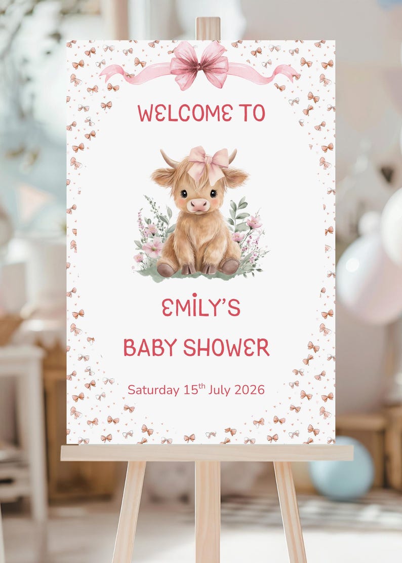 Highland Cow Baby Shower Welcome Sign, Pink Coquette Cow Baby Shower ...
