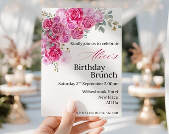 Printable Birthday brunch invitation template, Summer roses birthday party invite, editable template, Birthday evite instant download