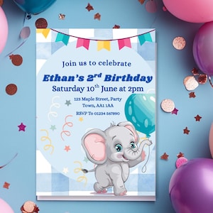 Invito di compleanno a forma di elefante, invito di compleanno digitale modificabile, download immediato