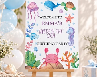 Under the Sea Birthday Welcome Sign, Pastel Ocean Animals birthday party welcome sign, Editable Canva Template, digital download